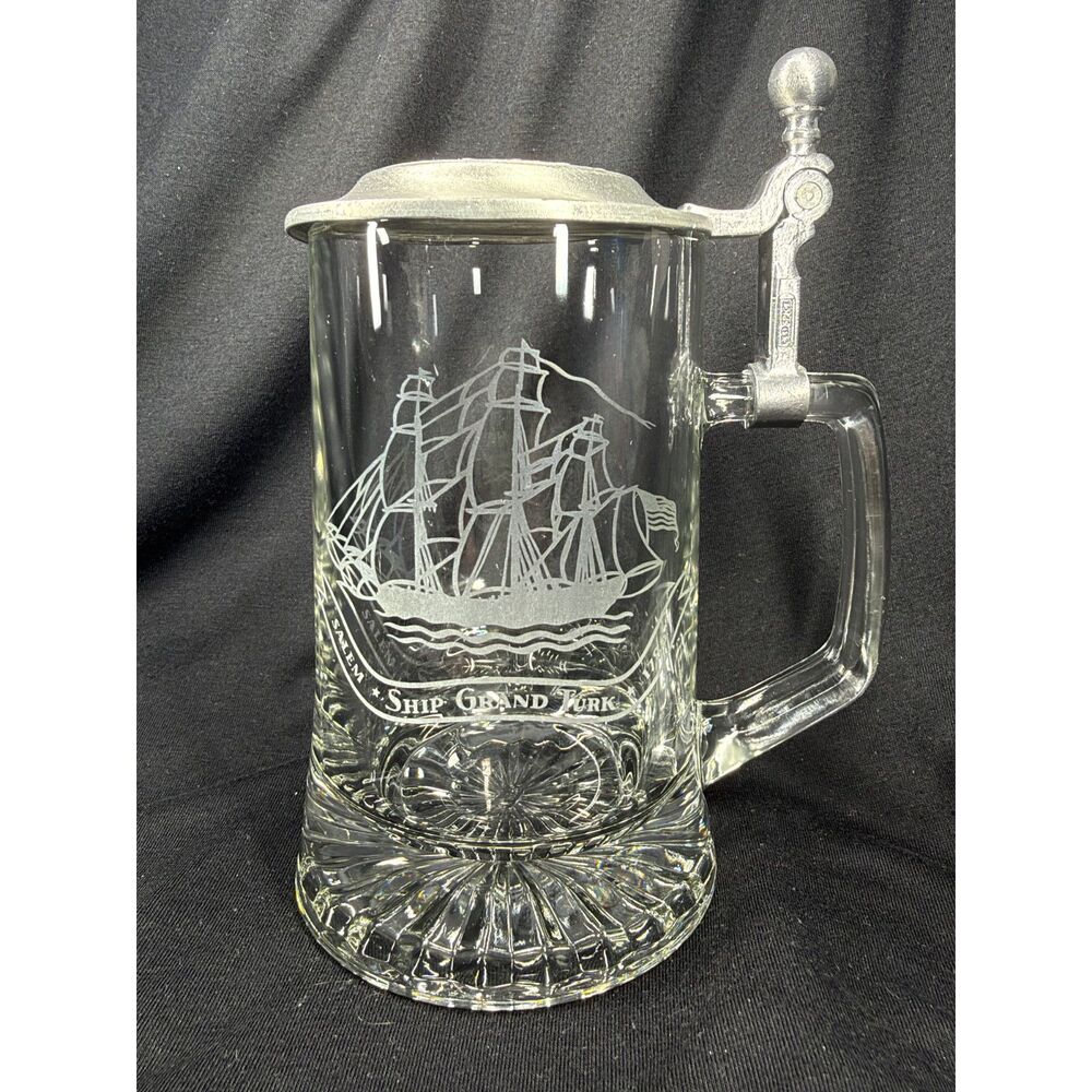 Vintage ALWE Etched Glass Beer Stein Pewter Lid Salem Ship Grand Turk 1786